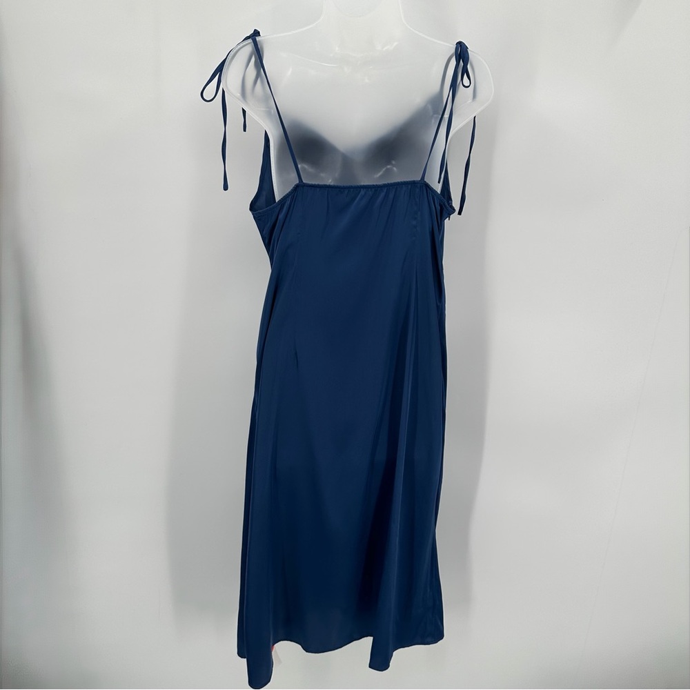 Cider Dress Womens L Blue Satin Slip Dress Cowl Neck Elegant Lace Slit Strappy - Picture 4 of 10